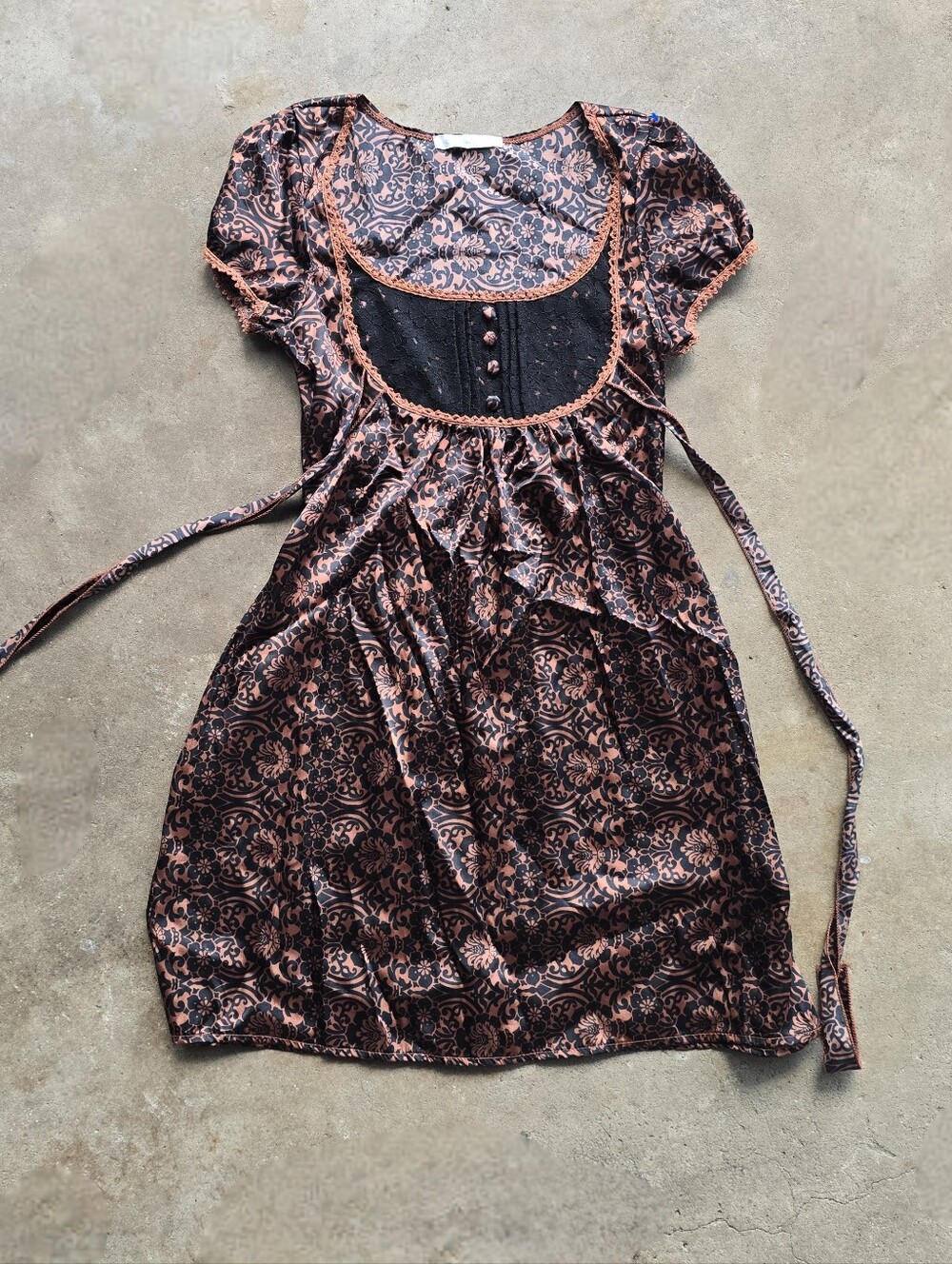 Vtg y2K Charlotte Russe Brown Babydoll Milkmaid Satin Mini Dress